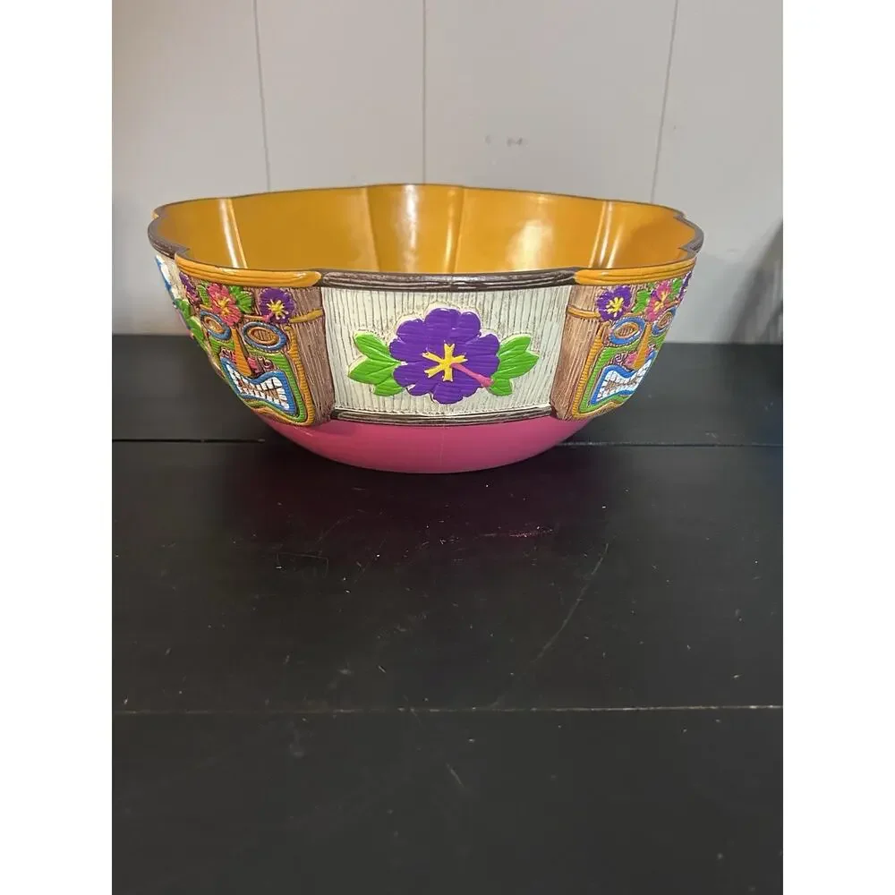 Amscan Large Colorful Plastic Serving Bowl Owl Floral Tropical Scalloped 10”